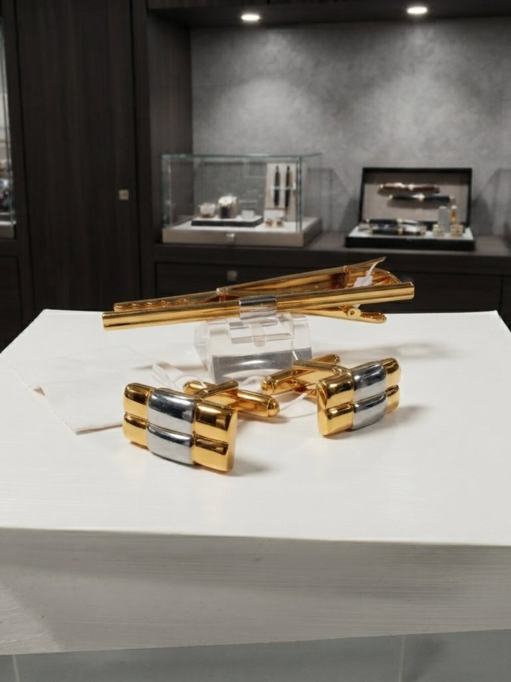 Gold-Tone & Silver-Tone Segmented 3-Piece Cufflink and Tie Clip Set